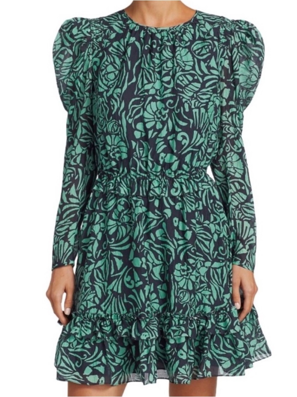 Tanya Taylor Telissa Silk Mini Dress Navy and Aqua Floral Long Sleeve